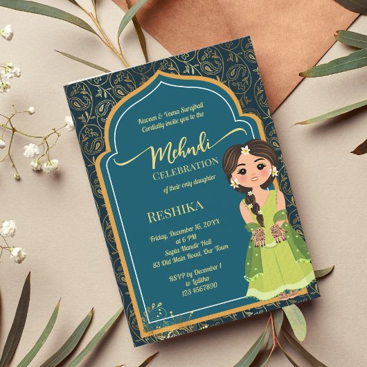 Invitation Paisley indienne Mehndi turquoise vert mignon mari