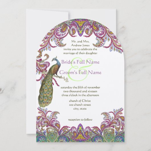 Invitation Paisley Peacock rose et Mariage vert (Devant)