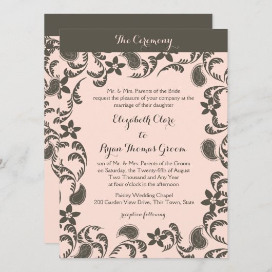 Invitation Paisley rose et Brown (Devant / Derrière)