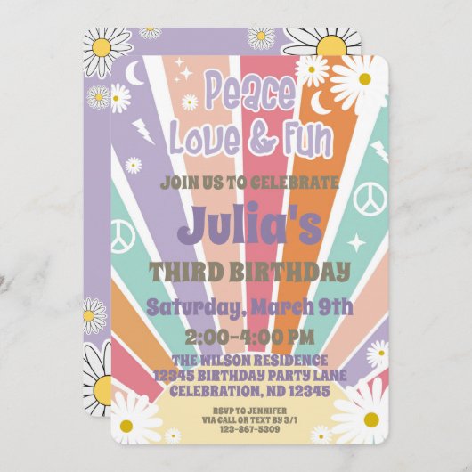 Invitation Paix Amour & Amusement Fille Hippie Groovy Soleil  (Devant / Derrière)