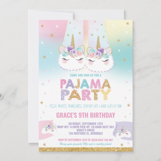 Invitation Pajama de la fête d'anniversaire de l'Unicorn Rain (Devant)