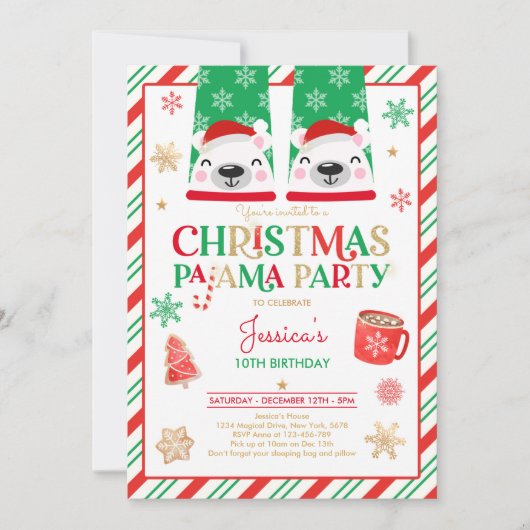 Invitation Pajama de Noël Rouge et Or fête d'anniversaire (Devant)