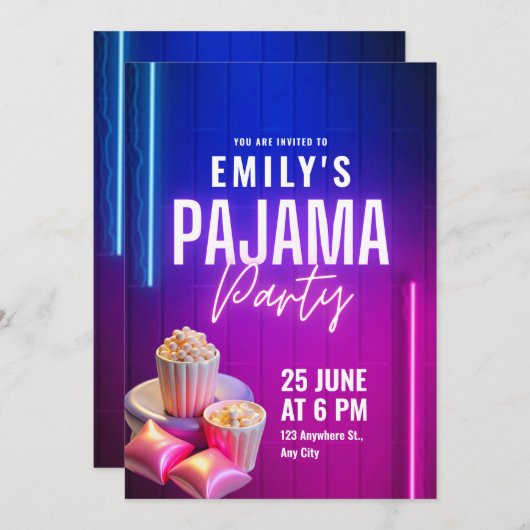Invitation Pajama fête Anniversaire Invitation, Sleepover Ann (Devant / Derrière)