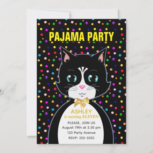 Invitation Pajama Party & Cute Tuxedo Anniversaire Chat (Devant)