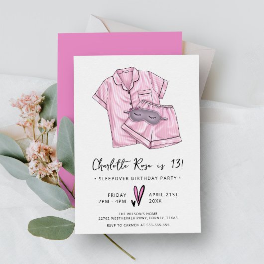 Invitation Pajama Party Dormir tendance rose 13e anniversaire