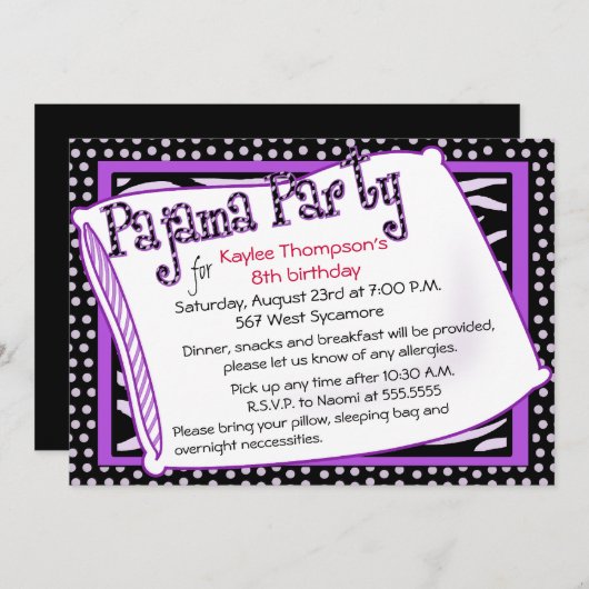 Invitation Pajama Party en noir et violet (Devant / Derrière)