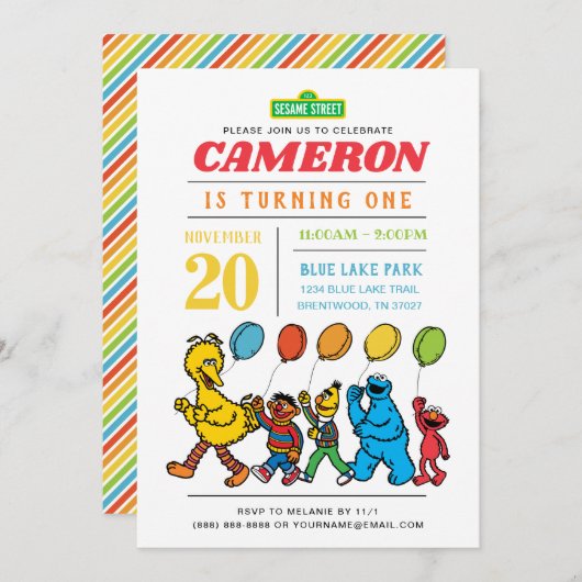 Invitation Pal de rue Sésame | Ballons 1er anniversaire (Devant / Derrière)