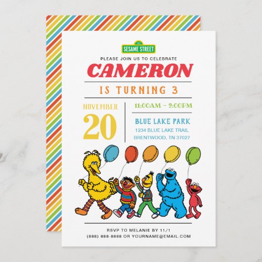 Invitation Pal de rue Sésame | Balloons 3e anniversaire (Devant / Derrière)