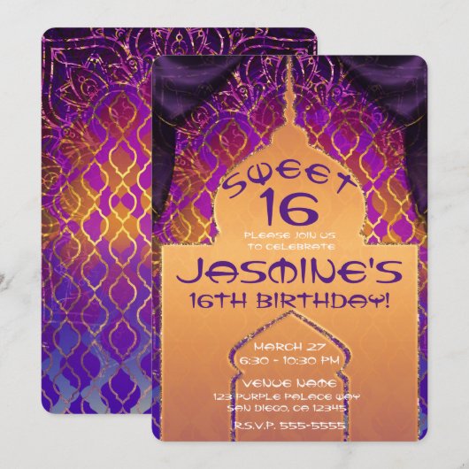 Invitation Palais d'Or Nuit Arabe Douce 16e Anniversaire (Devant / Derrière)
