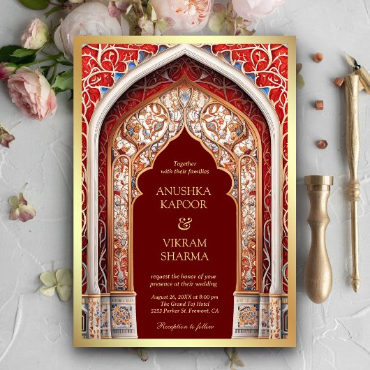 Invitation Palais Royal Arc Rouge Photo Maroon Mariage indien