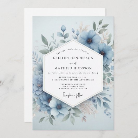 Invitation Pale Blue Bloom Ethereal Wedding (Devant / Derrière)