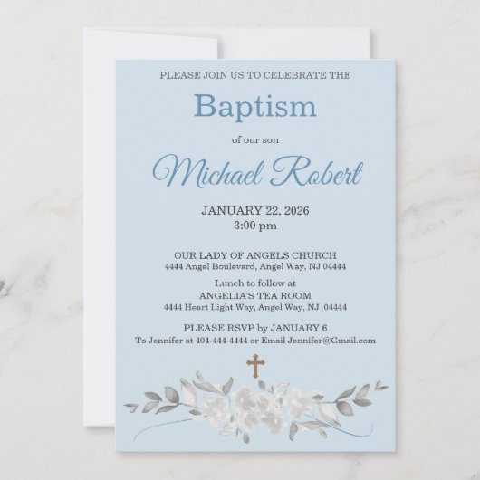 Invitation Pale Blue Floral Watercolor Cross Baptism (Devant)