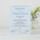 Invitation Pale Blue Floral Watercolor Cross Baptism (Debout devant)