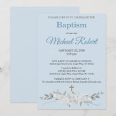 Invitation Pale Blue Floral Watercolor Cross Baptism (Devant / Derrière)