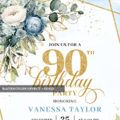 Invitation Pale blue gold floral blend fancy 90th birthday