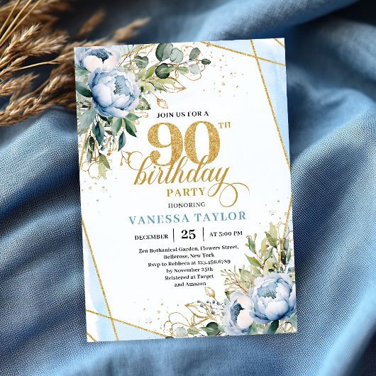 Invitation Pale blue gold floral blend fancy 90th birthday
