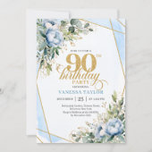 Invitation Pale blue gold floral blend fancy 90th birthday (Devant)