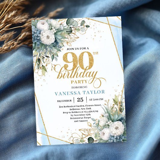 Invitation Pale blue gold leaves soft chic 90th birthday 