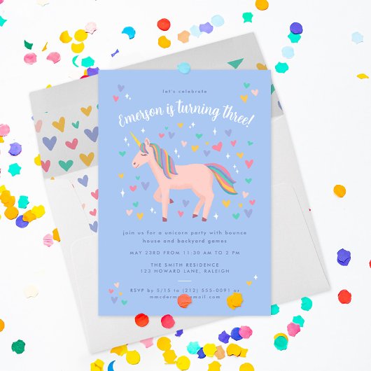 Invitation Pale Blue Pastel Rainbow Unicorn fête d'anniversai