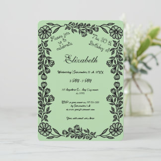 Invitation Pale Green & Black Botanical Floral 30e anniversai