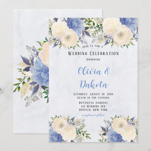 Invitation Pale Jaune Dusty Bleu Mariage de pivoine botanique (Devant / Derrière)