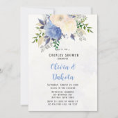 Invitation Pale Jaune Dusty Blue Peony Floral Couples Douche (Devant)
