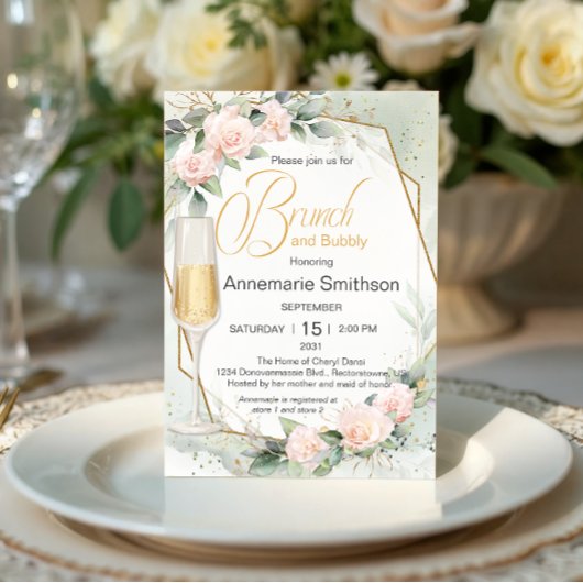 Invitation Pale Peachy rose Fleurs Brunch et Bubbly Douche
