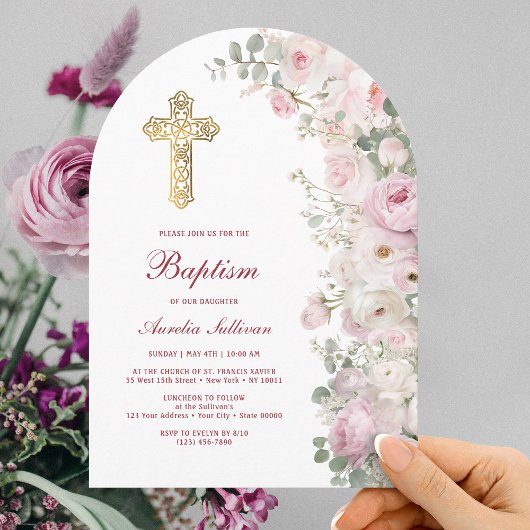 Invitation Pale Pink Flowers Arch Baptism