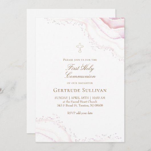 Invitation pale pink marble First Holy Communion (Devant / Derrière)