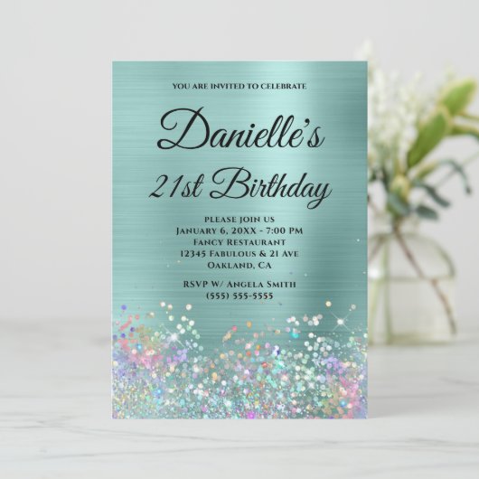 Invitation Pale Turquoise Parties scintillant Holo Fancy Mono (Debout devant)