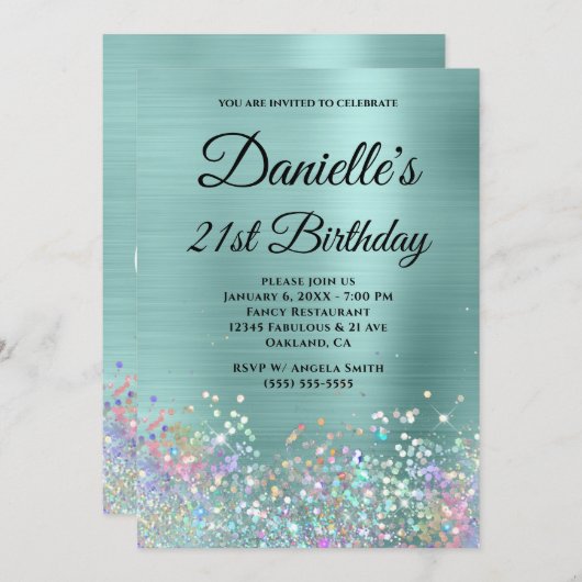 Invitation Pale Turquoise Parties scintillant Holo Fancy Mono (Devant / Derrière)