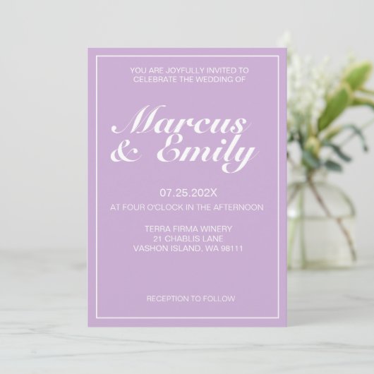 Invitation Pale violet & blanc Mariage minimaliste moderne (Debout devant)