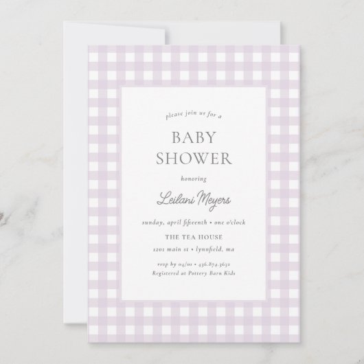 Invitation Pale Violet En vichy Baby shower Classique Filles (Devant)