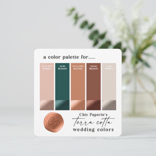 Invitation Palette couleur Mariage en terre cuite vert rustiq (Debout devant)