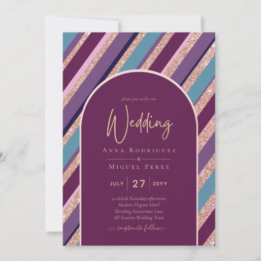 Invitation Palette Plum violet Rose Mariage or (Devant)
