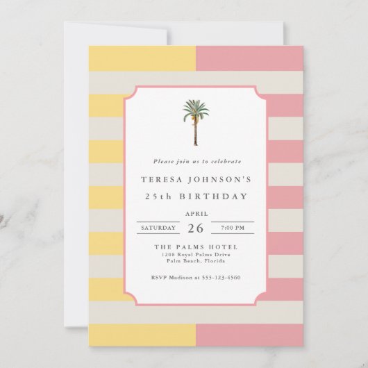 Invitation Palm Beach Pastel Stripe Tropical 25th Birthday (Devant)