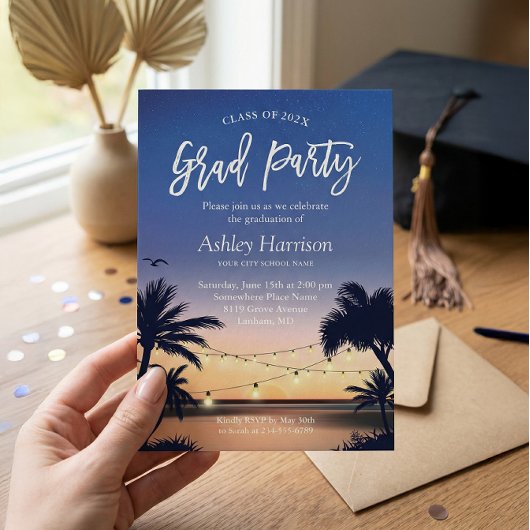 Invitation Palm Beach Sunset String Lights Graduation Party
