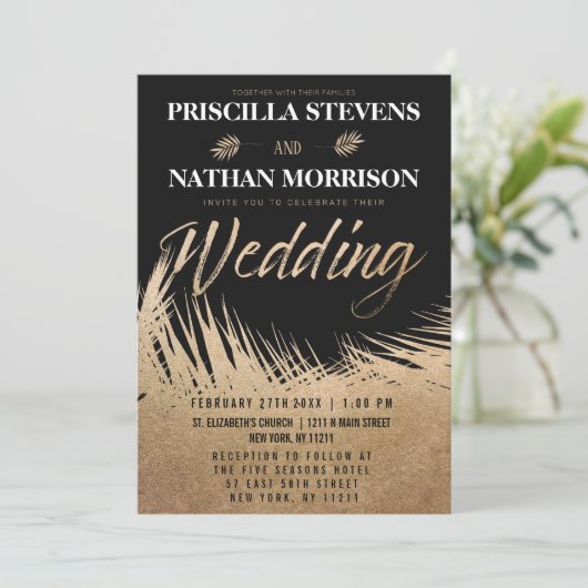 Invitation Palm d'or luxueux moderne Feuille chic Mariage (Debout devant)