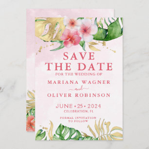 Invitation Palm Feuille rose or Enregistrer la date