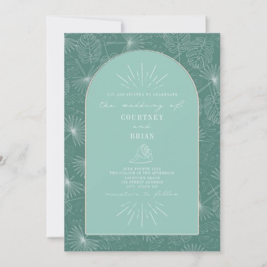 Invitation Palm Feuille Seashell Aqua Mariage tropical (Devant)