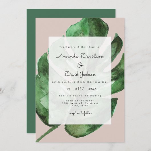 Invitation Palm Feuille Tropical Greenery Mariage moderne (Devant / Derrière)