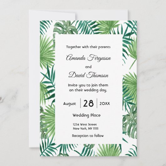 Invitation Palm feuille verdure tropicale mariage (Devant)