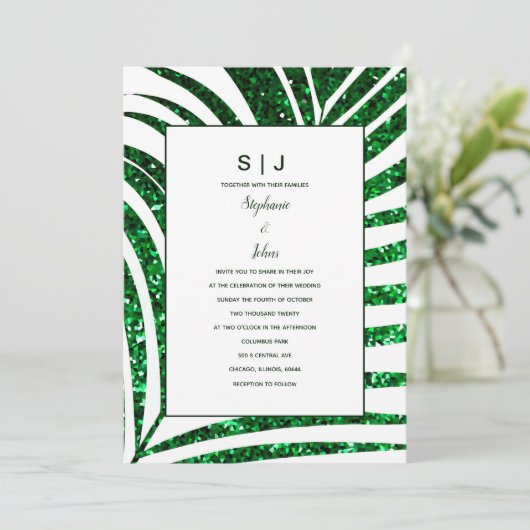Invitation Palm Leaf Emerald Green Parties scintillant Mariag (Debout devant)