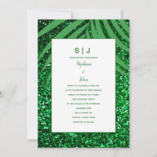 Invitation Palm Leaf Emerald Green Parties scintillant Mariag (Devant)