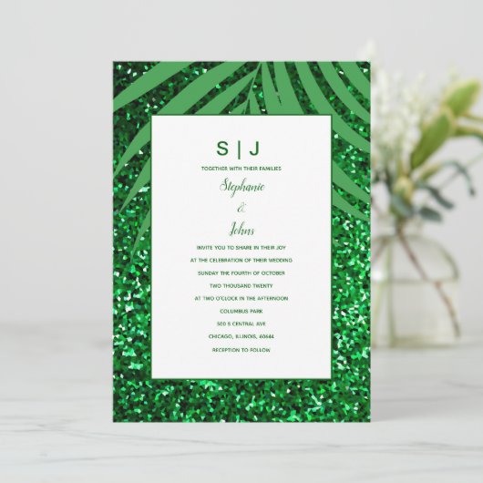 Invitation Palm Leaf Emerald Green Parties scintillant Mariag (Debout devant)