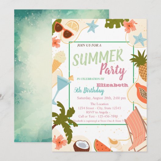 Invitation Palm Leaf, Flowers,Fruits Summer Birthday (Devant / Derrière)