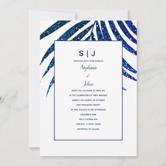 Invitation Palm Leaf Parties scintillant bleue marine Mariage (Devant)