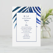 Invitation Palm Leaf Parties scintillant bleue marine Mariage (Debout devant)