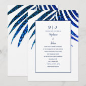 Invitation Palm Leaf Parties scintillant bleue marine Mariage (Devant / Derrière)