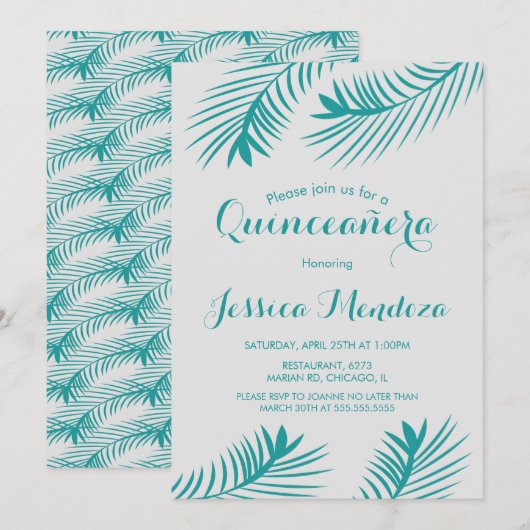 Invitation Palm Leaf verdure Quinceañera Sweet 16 (Devant / Derrière)